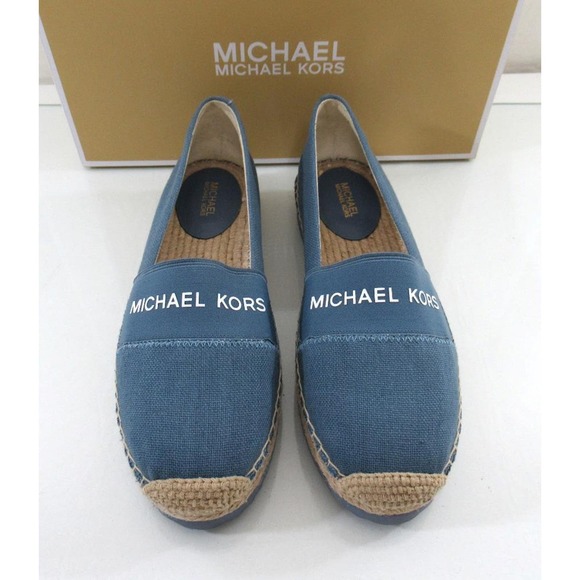 Michael Kors Vicky Espadrille Platform Flat Shoes Canvas MK Logo Denim - Picture 4 of 6